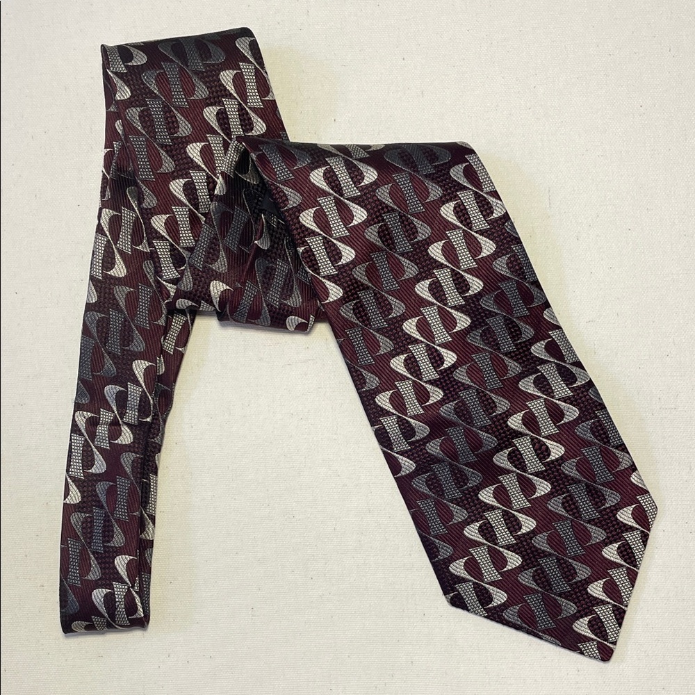 Vintage SIMON CHANG Silk Geometric Patterned Burgundy & Gray Tie Classic Office